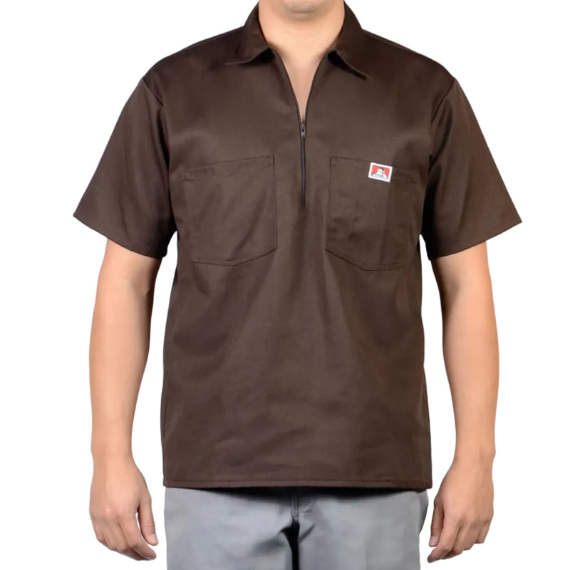 Load image into Gallery viewer, Dark Brown Half Zip short-sleeve shirt with a Ben Davis logo on the left chest pocket on a white background
