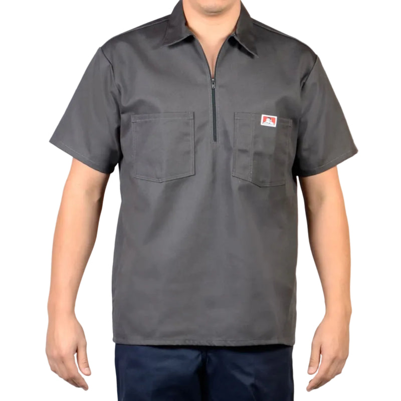 Load image into Gallery viewer, Charcoal gray Half Zip short-sleeve shirt with two front pockets (Ben Davis Logo on left chest pocket) on a white background
