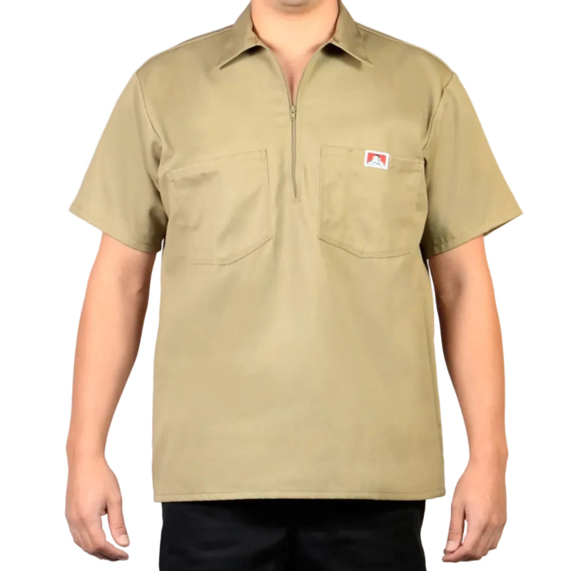 Load image into Gallery viewer, Khaki Half Zip short-sleeve shirt with a logo on left chest pocket on a white background
