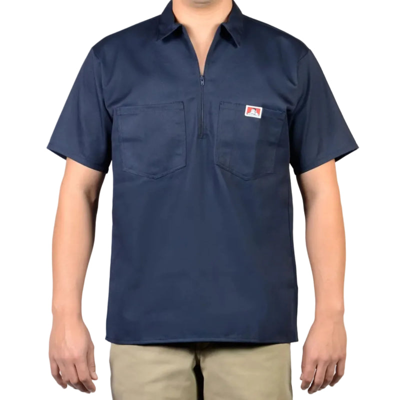 Load image into Gallery viewer, Navy blue Half Zip short-sleeve shirt with a logo on left chest pocket on a white background
