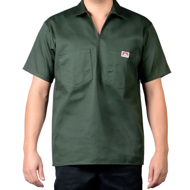 Load image into Gallery viewer, Olive Green short-sleeve shirt with a Ben Davis logo on the left chest pocket on a white background
