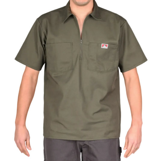 Olive Drab Green half zip short-sleeve shirt with a logo on the left chest pocket on a white background