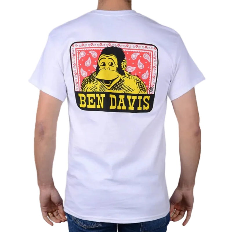 Load image into Gallery viewer, White t-shirt with a graphic design and 'Ben Davis' text on the back, worn by a person.

