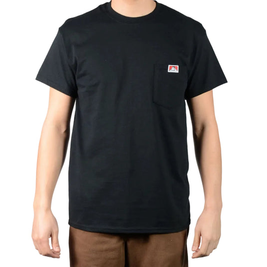 Black t-shirt with a small logo on the left chest pocket against a plain white background