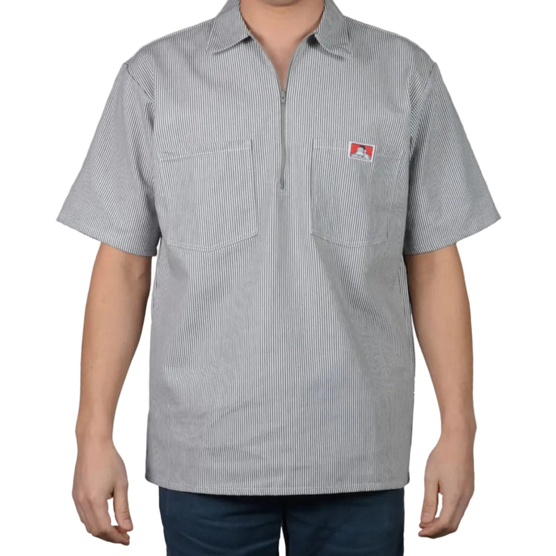 Load image into Gallery viewer, Hickory Gray stripe half zip short-sleeve shirt with a logo on the left chest pocket on a white background
