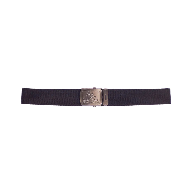 Load image into Gallery viewer, Black canvas belt with a Ben Davis logo engraved into the buckle on a white background. 
