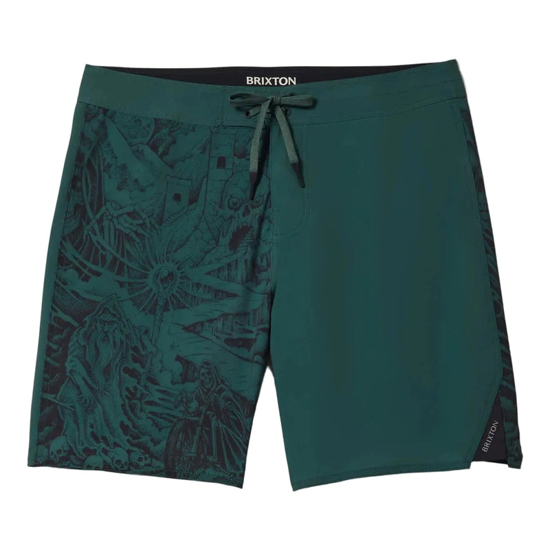 Load image into Gallery viewer, Green board shorts with artwork on right front leg in black
