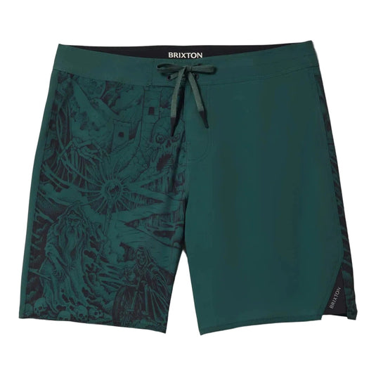 Green board shorts with artwork on right front leg in black