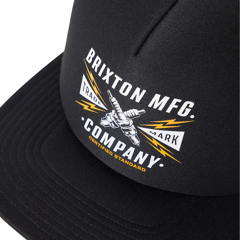 Load image into Gallery viewer, Black cap with Brixton MFG. Company logo  on front panel in white and gold.
