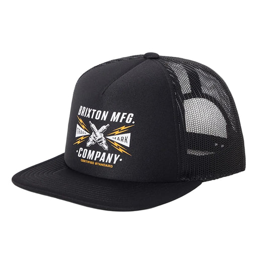 Black mesh cap with Brixton logo on the front panel in white and gold.