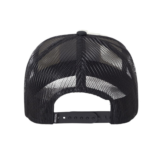 Black mesh cap with black plastic adjustable snap back closure. Brixton label next to snapback.