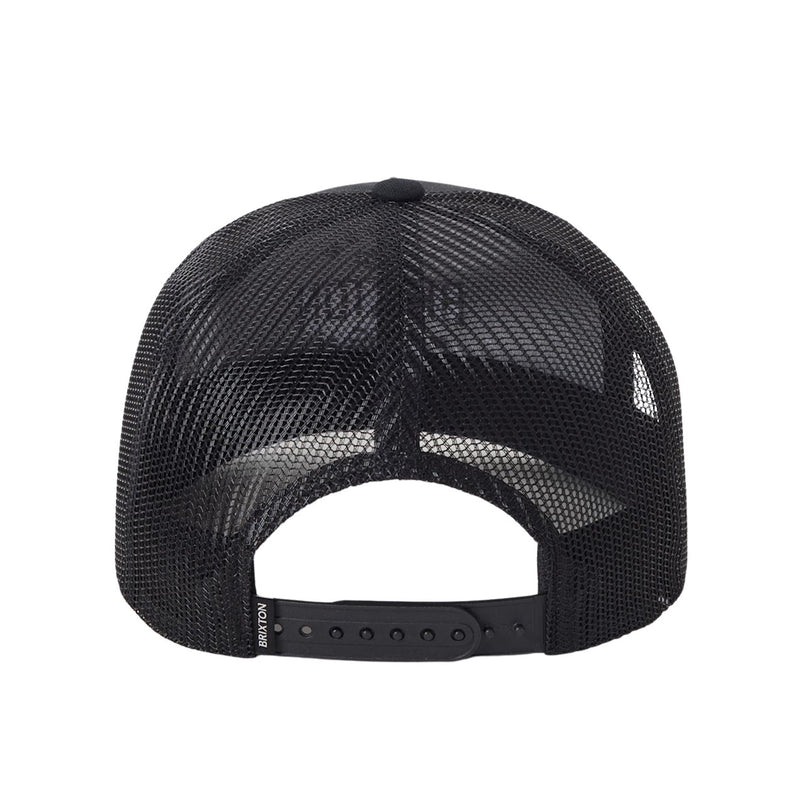Load image into Gallery viewer, Black mesh trucker cap with a Brixton label logo next to plastic adjustable snap back strap.
