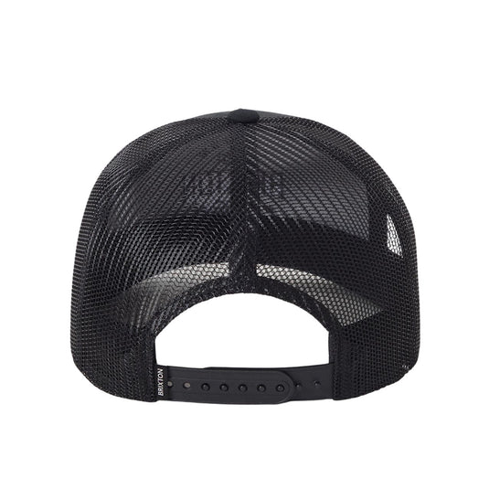 Black mesh trucker cap with a Brixton label logo next to plastic adjustable snap back strap.