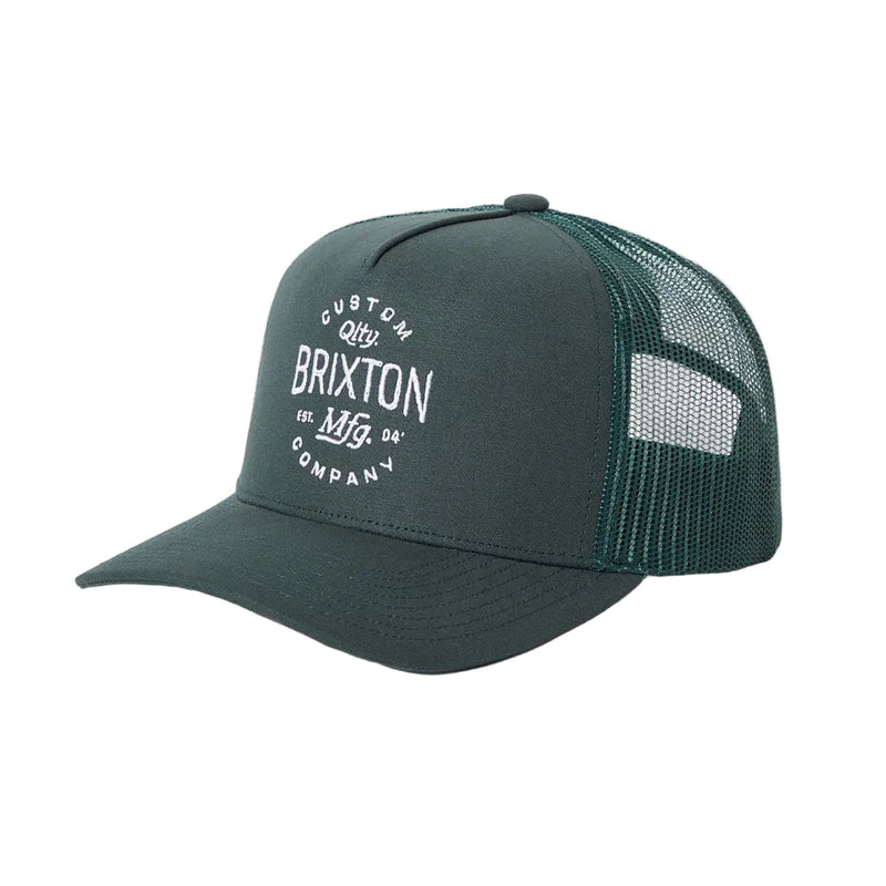 Load image into Gallery viewer, Brixton green trucker cap with white embroidery on the front panel.
