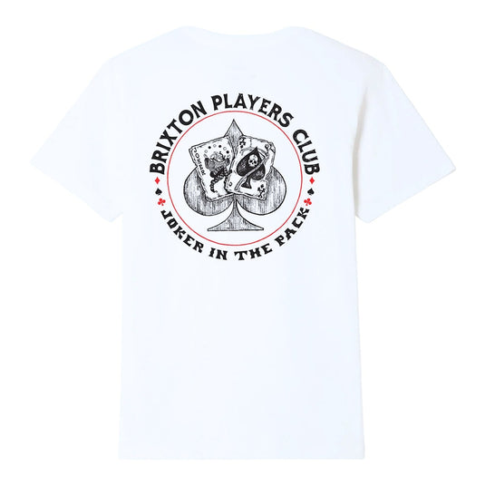White t-shirt with Brixton Players Club logo on the back.