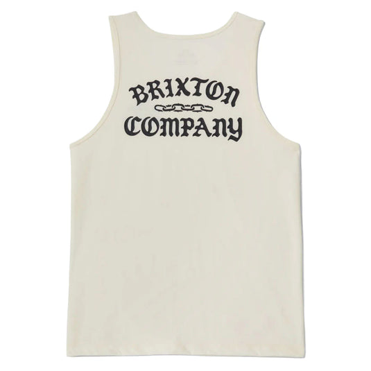 Off white tank top with 'Brixton Company' logo with white chain links on the back
