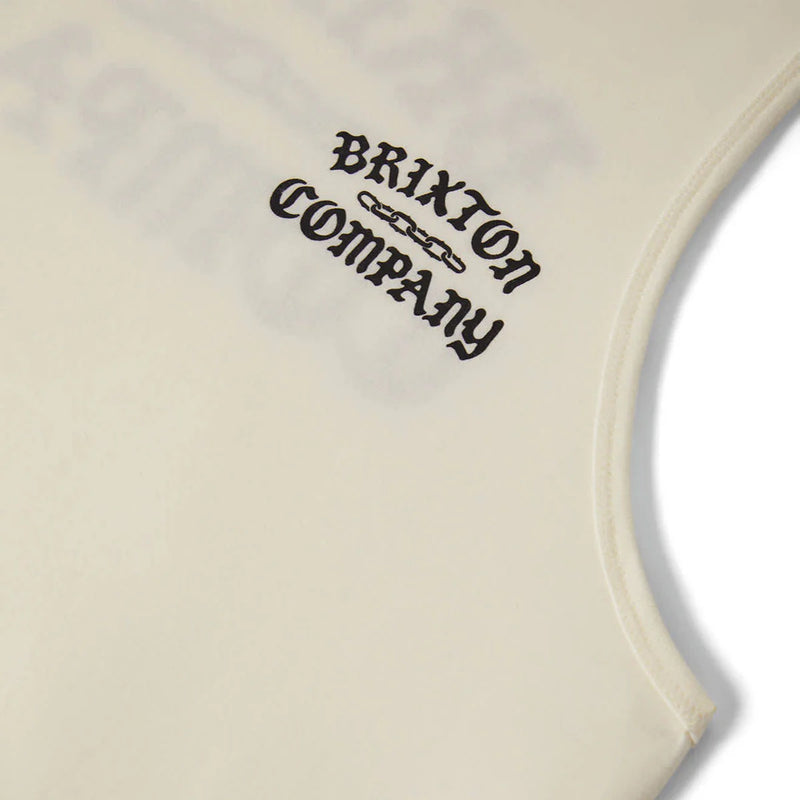 Load image into Gallery viewer, Close up of the off white tank top with 'Brixton' chain links logo in white on front left chest
