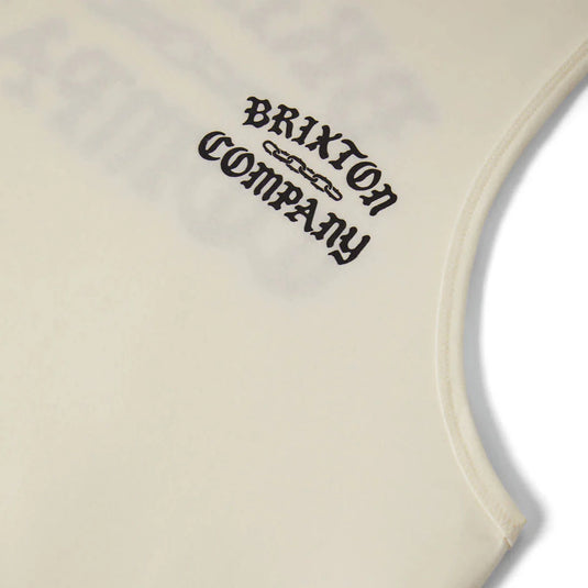 Close up of the off white tank top with 'Brixton' chain links logo in white on front left chest