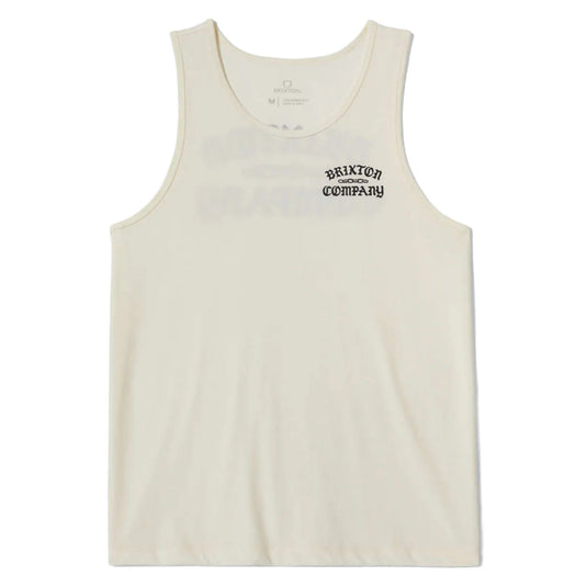 Off white tank top with 'Brixton' chain links logo in white on front left chest