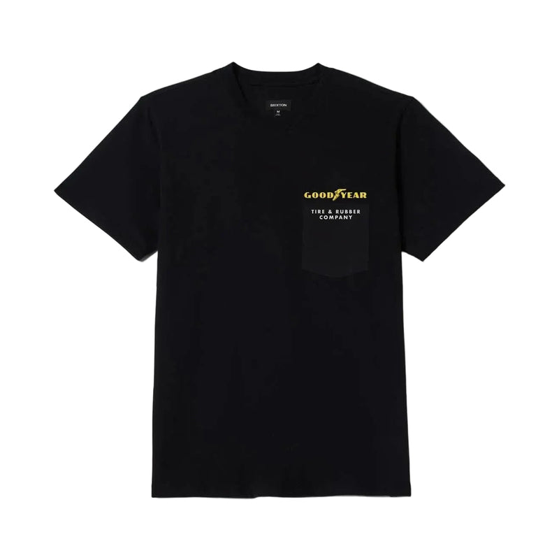 Load image into Gallery viewer, Brixton's Goodyear Service Pocket T-shirt is an officially licensed logo on the front chest pocket of this black t-shirt.
