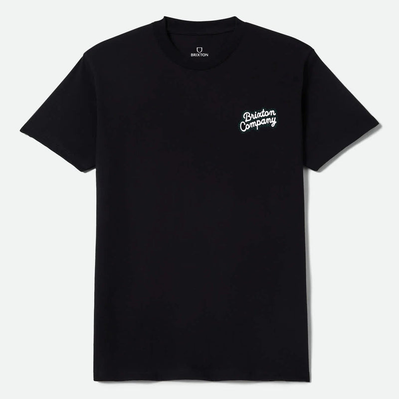 Load image into Gallery viewer, Front left chest distressed screen print of "Brixton Company" in white on a black tee 

