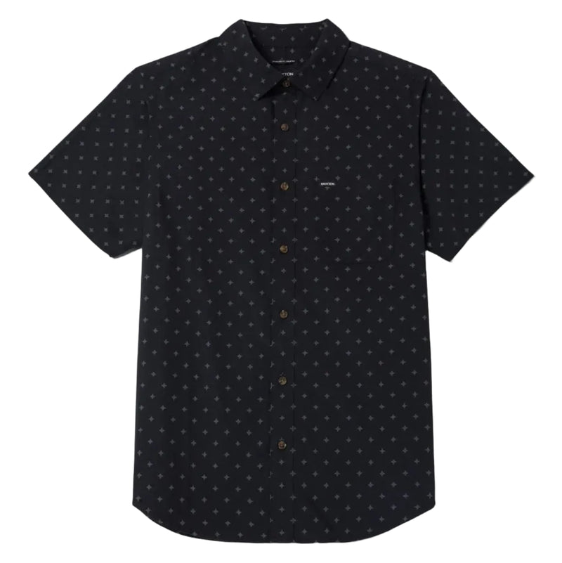 Load image into Gallery viewer, Black short-sleeve button-up woven shirt with subtle grey diamond print pattern 
