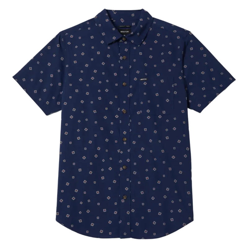 Load image into Gallery viewer, Navy blue short sleeve button up shirt with subtle geometric pattern and a left chest pocket with "Brixton" woven label

