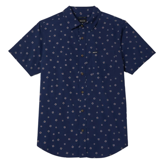 Navy blue short sleeve button up shirt with subtle geometric pattern and a left chest pocket with 