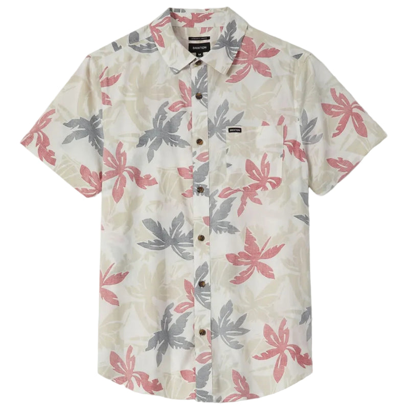 Load image into Gallery viewer, Off white short sleeve button up shirt with faded black and faded red floral print pattern.
