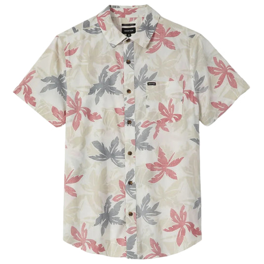 Off white short sleeve button up shirt with faded black and faded red floral print pattern.