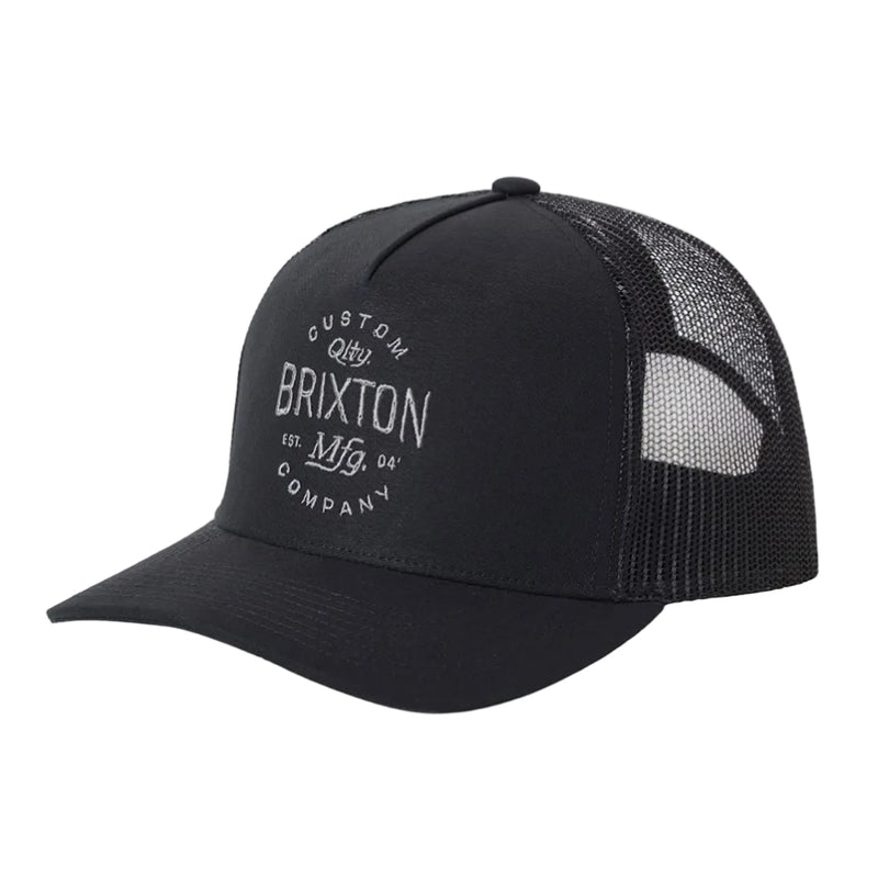 Load image into Gallery viewer, Black cap trucker cap with a embroidered Brixton logo on the front panel.
