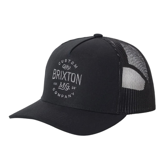 Black cap trucker cap with a embroidered Brixton logo on the front panel.