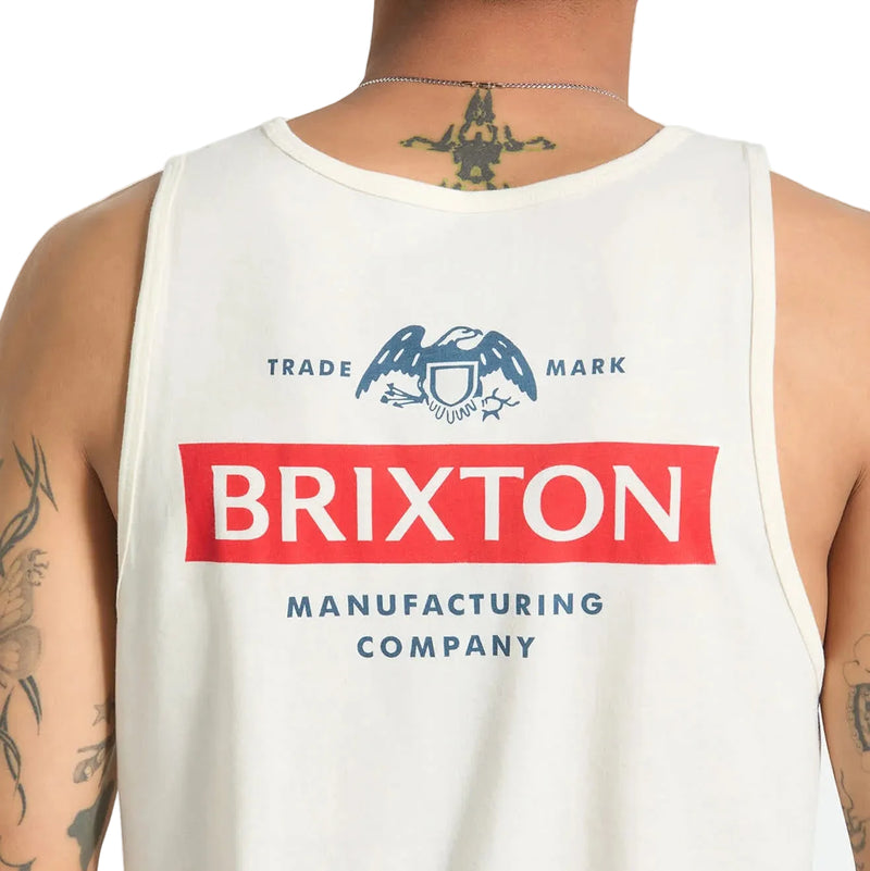 Load image into Gallery viewer, A tailored fit cotton tank top in a off white color with Brixton trademark graphic logo screenprint on the front left chest and back.
