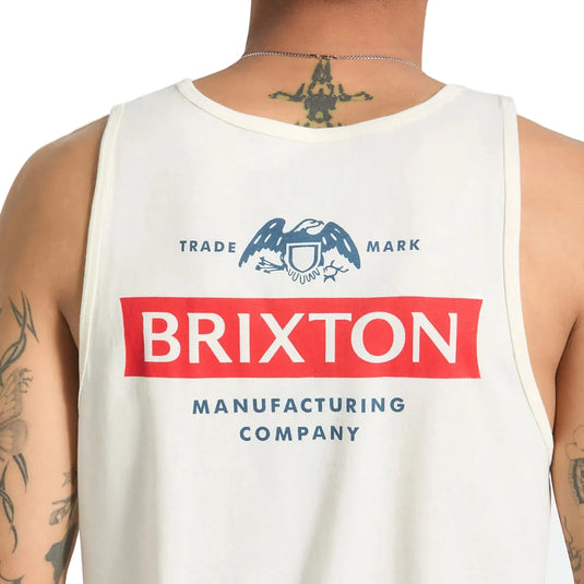 A tailored fit cotton tank top in a off white color with Brixton trademark graphic logo screenprint on the front left chest and back.