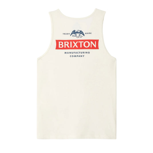 A tailored fit cotton tank top in a off white color with Brixton trademark graphic logo screenprint on the front left chest and back.