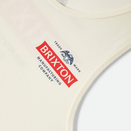 A tailored fit cotton tank top in a off white color with Brixton trademark graphic logo screenprint on the front left chest and back.