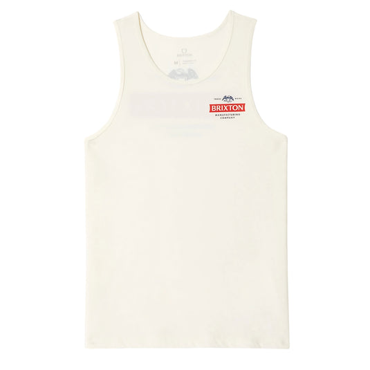 A tailored fit cotton tank top in a off white color with Brixton trademark graphic logo screenprint on the front left chest and back.