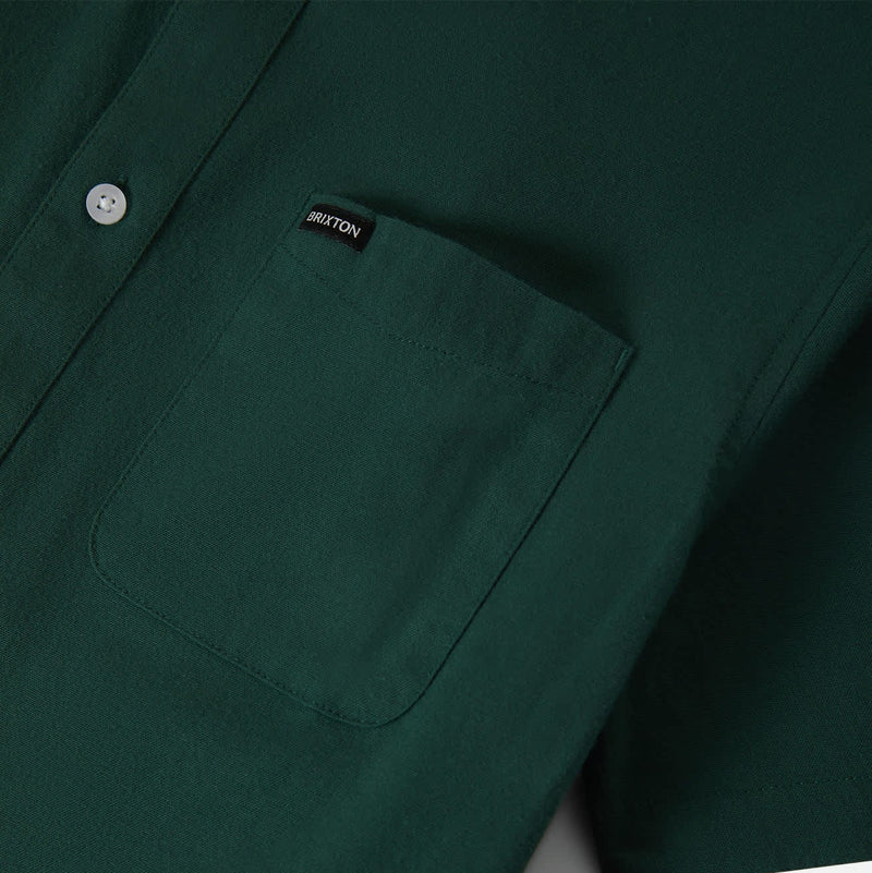 Load image into Gallery viewer, Green oxford short sleeve shirt with close-up of left chest pocket
