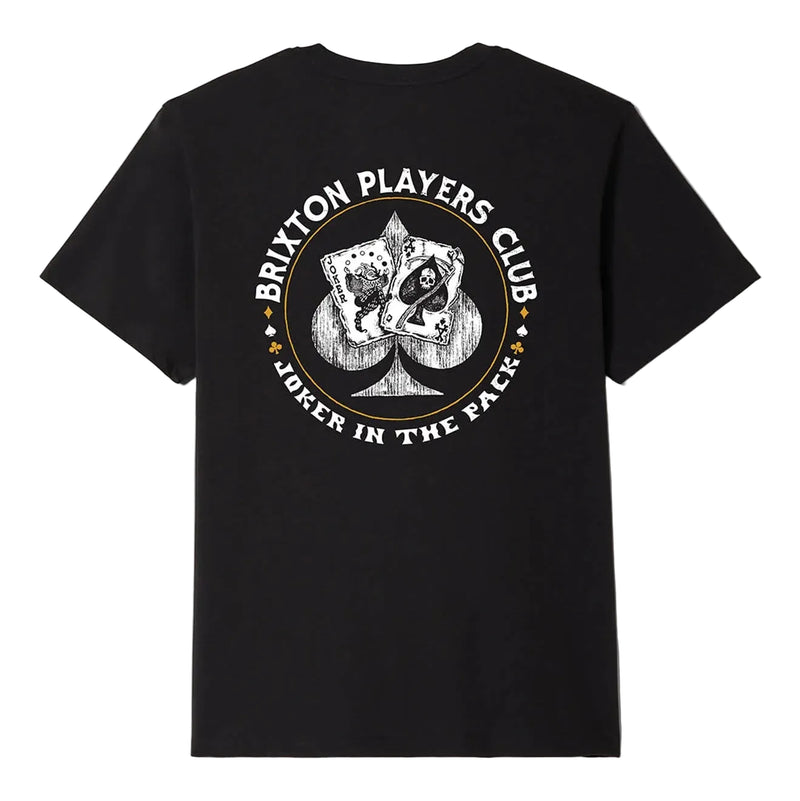 Load image into Gallery viewer, The back of this cotton t-shirt screenprint features a striking “Brixton Players Club” graphic with a detailed poker-inspired design.
