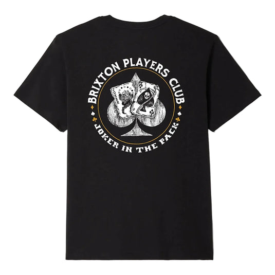 The back of this cotton t-shirt screenprint features a striking “Brixton Players Club” graphic with a detailed poker-inspired design.