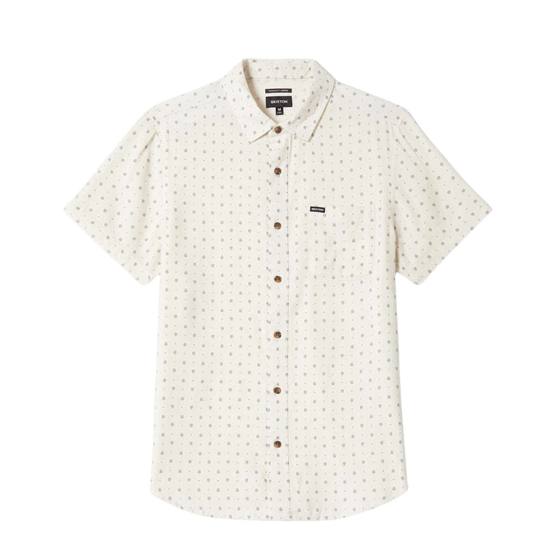 Load image into Gallery viewer, Brixton Charter Slub Short Sleeve Woven Shirt -  Off White Micro Geo pattern and Brixton label on pocket.
