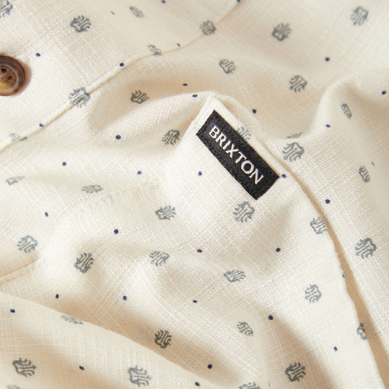 Load image into Gallery viewer, Brixton Charter Slub Short Sleeve Woven Shirt -  Off White Micro Geo pattern and Brixton label on pocket.
