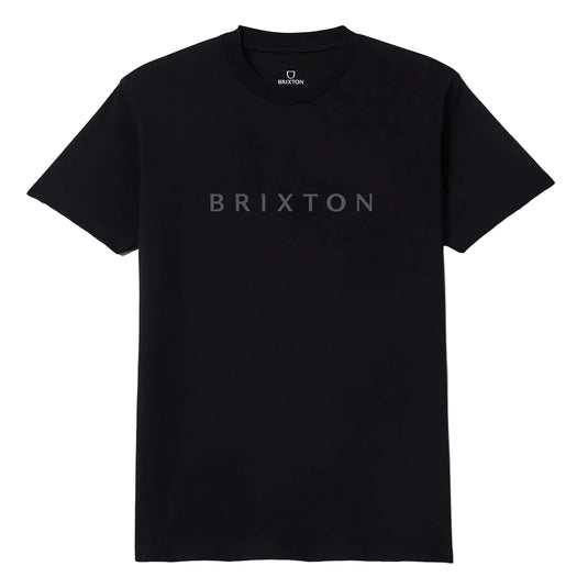 Black Brixton S/S T-shirt with Brixton spelt out in Charcoal Gray lettering across the chest on a white background. 