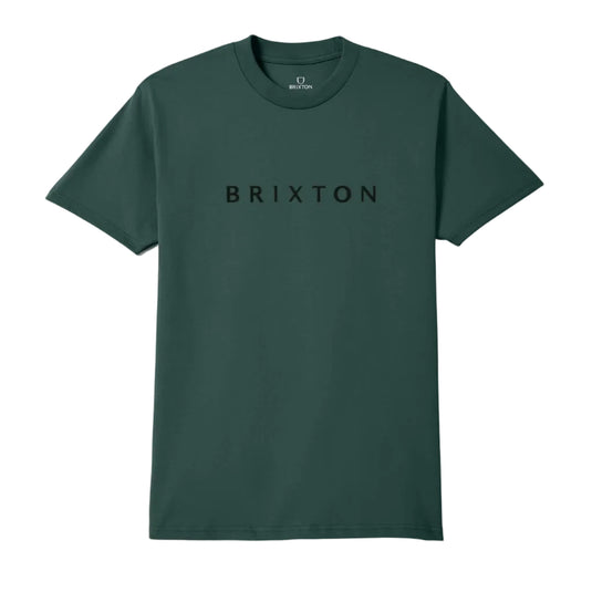 A dark green crewneck t-shirt with 'BRIXTON' printed in black across the chest, displayed flat against a light gray background.