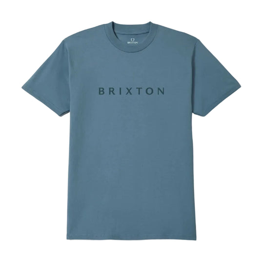 A slate blue crewneck t-shirt with 'BRIXTON' printed in dark gray across the chest, displayed flat against a light gray background.