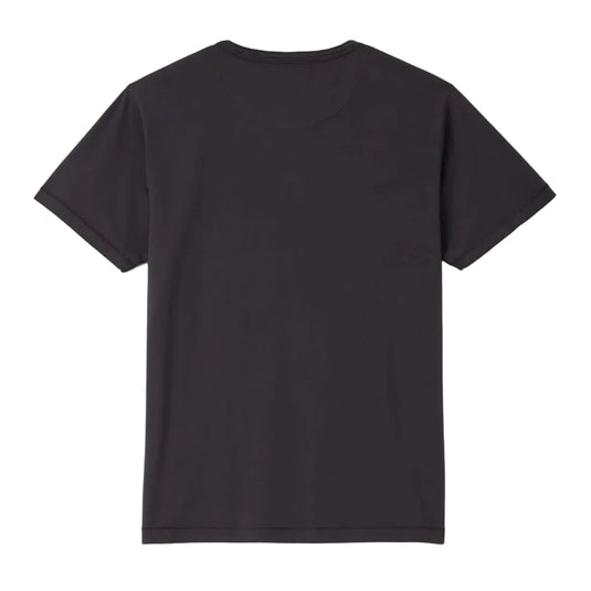A plain black short-sleeve crewneck t-shirt shown from the back, laid flat against a white background.