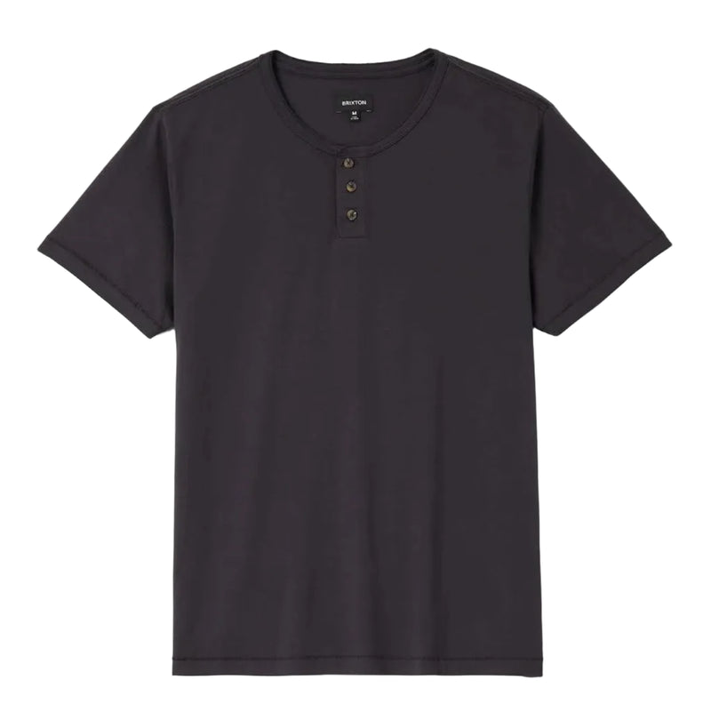 Load image into Gallery viewer, A black Brixton short-sleeve henley t-shirt with a three-button placket, displayed flat against a white background.
