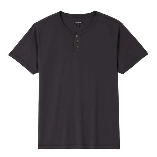 A black Brixton short-sleeve henley t-shirt with a three-button placket, displayed flat against a white background.