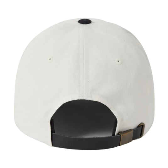 White cap with adjustable leather strap.
