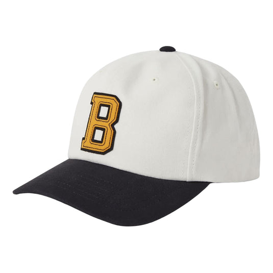 White cap with black visor and button. A  gold 